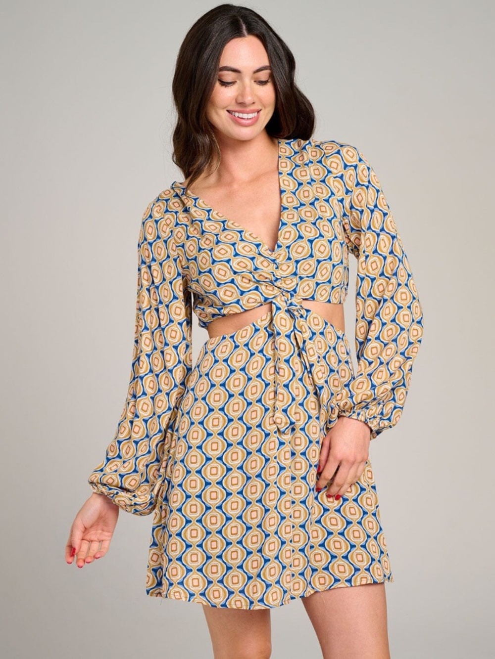 "In The Beginning" Women's Long Sleeve V-Neck Cut Out Printed Mini Dress